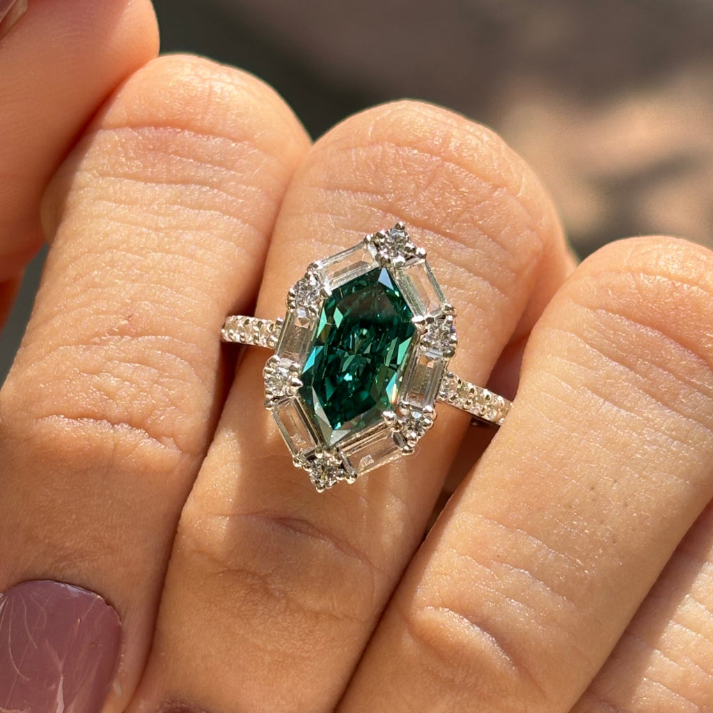 Dutch Marquise Cut Moissanite Engagement Ring, 2.00 CT Dark Green Marquise Halo Wedding Ring, Halo Baguette & Round, Pave Set Proposal Ring