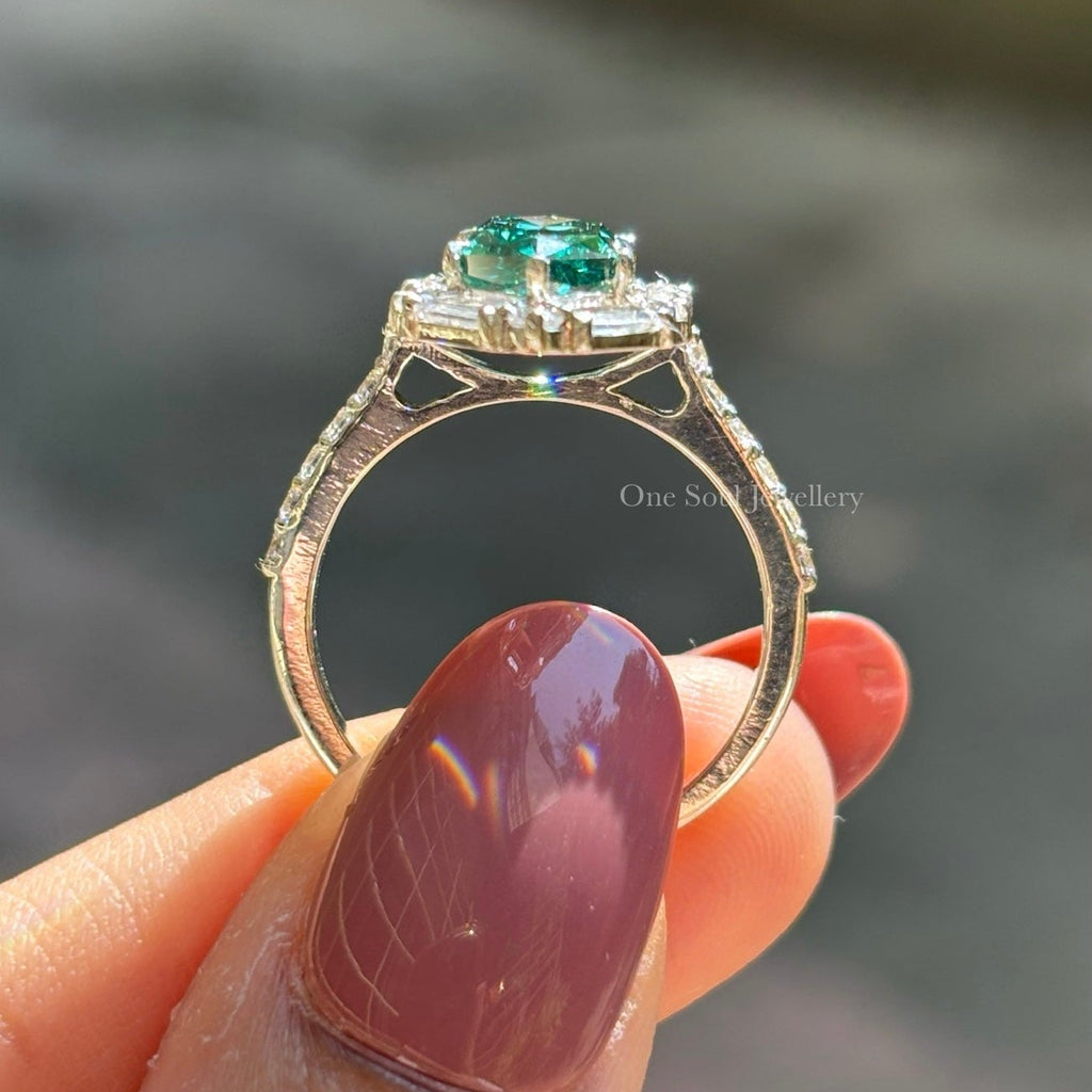Dutch Marquise Cut Moissanite Engagement Ring, 2.00 CT Dark Green Marquise Halo Wedding Ring, Halo Baguette & Round, Pave Set Proposal Ring