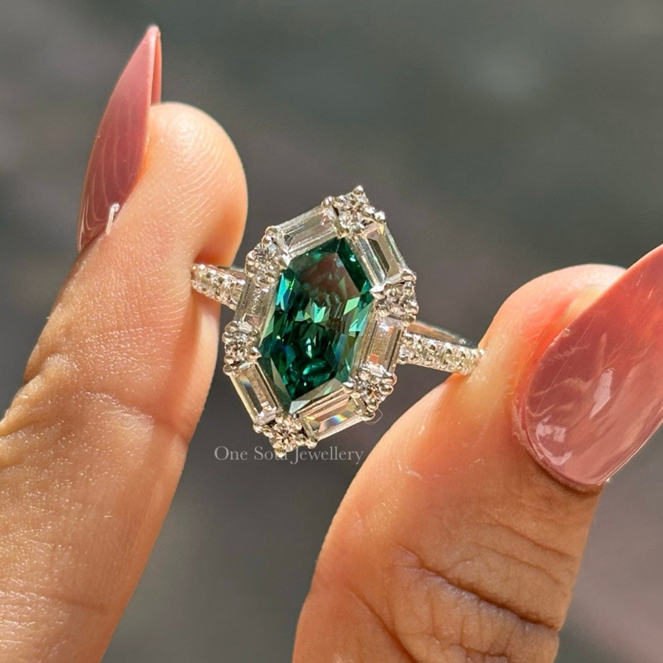 Dutch Marquise Cut Moissanite Engagement Ring, 2.00 CT Dark Green Marquise Halo Wedding Ring, Halo Baguette & Round, Pave Set Proposal Ring