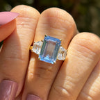 Emerald Cut Aquamarine Three Stone Engagement Ring, Trapezoid Moissanite Accent, 10K Yellow Gold Ring, Proposal Ring, Celebrity Style Ring