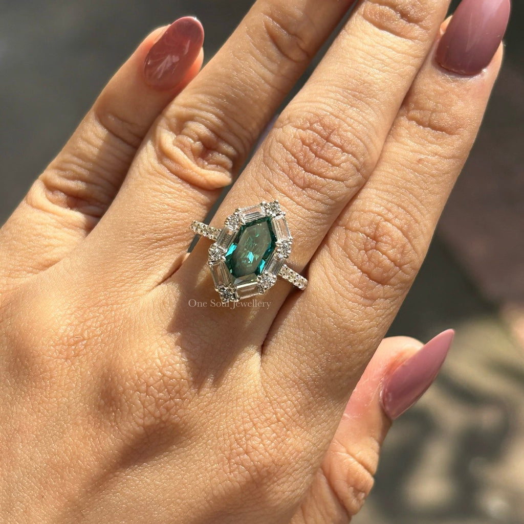 Dutch Marquise Cut Moissanite Engagement Ring, 2.00 CT Dark Green Marquise Halo Wedding Ring, Halo Baguette & Round, Pave Set Proposal Ring