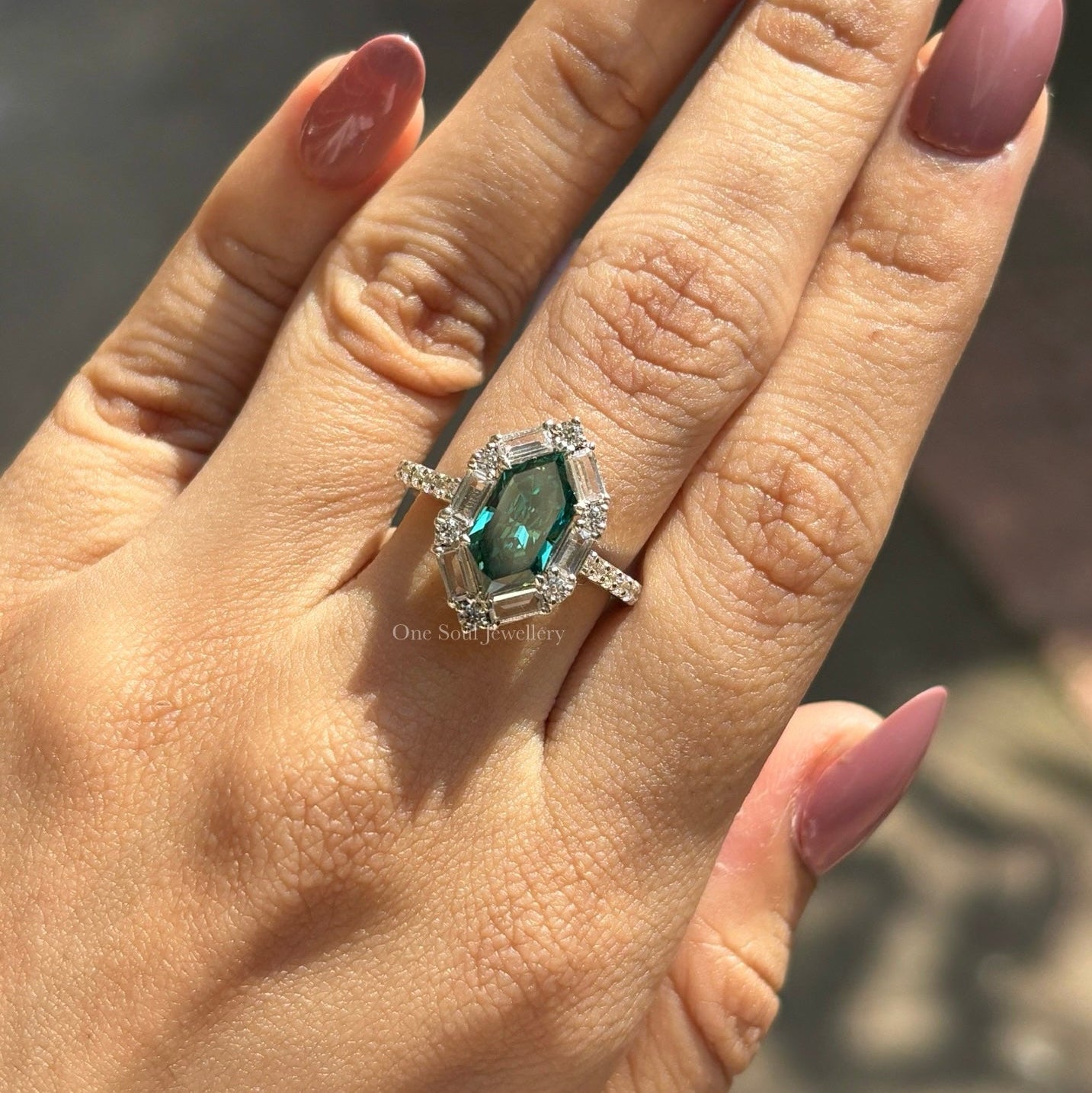 Dutch Marquise Cut Moissanite Engagement Ring, 2.00 CT Dark Green Marquise Halo Wedding Ring, Halo Baguette & Round, Pave Set Proposal Ring