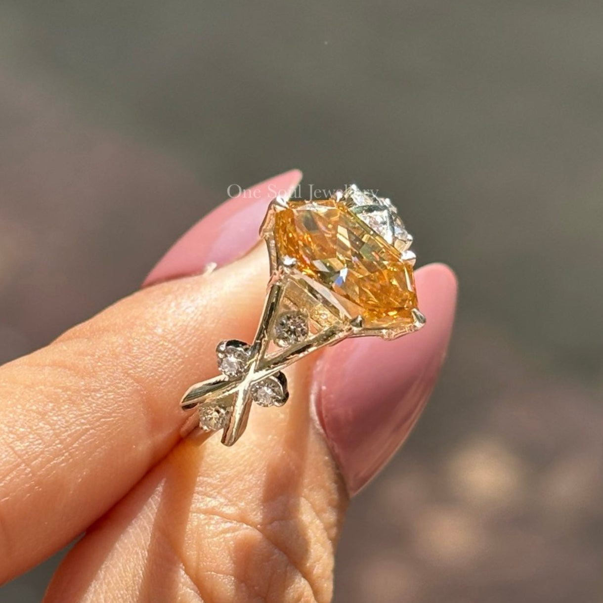 Champagne Dutch Marquise Moissanite Engagement Ring, Accent Bridal Ring, Twig Shank Ring