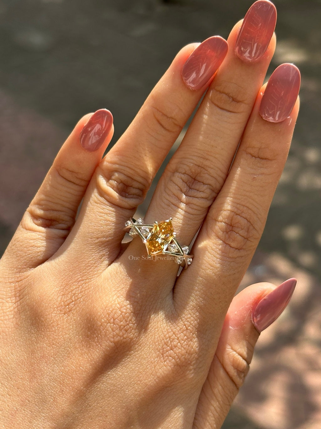 Champagne Dutch Marquise Moissanite Engagement Ring, Accent Bridal Ring, Twig Shank Ring