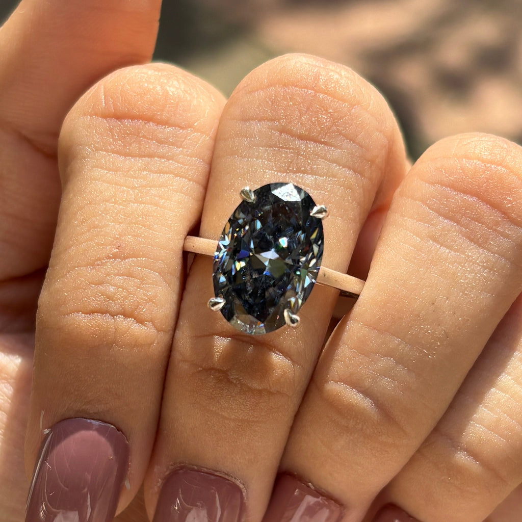 6.50 CT Dark Gray Oval Moissanite Engagement Ring, Oval Cut Wedding Ring, Proposal Ring, Solitaire Ring, Claw Prong, Hidden Halo Ring