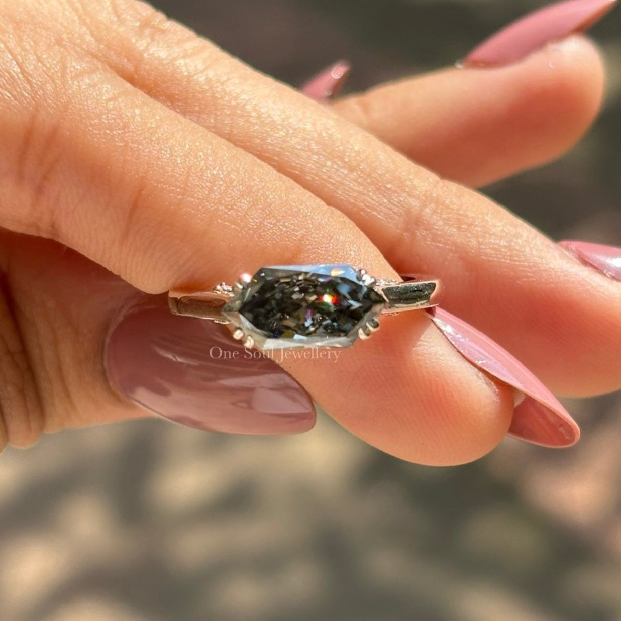 Grey Dutch Marquise Moissanite Engagement Ring, East to West Wedding Ring, Halo Pave Bridge Ring, Promise Ring for Her, Bridal Ring Set