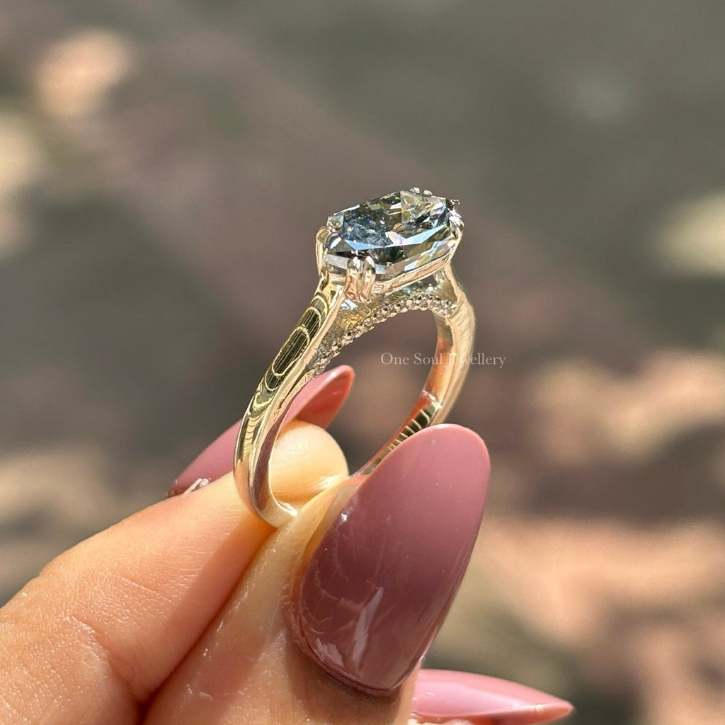 Grey Dutch Marquise Moissanite Engagement Ring, East to West Wedding Ring, Halo Pave Bridge Ring, Promise Ring for Her, Bridal Ring Set