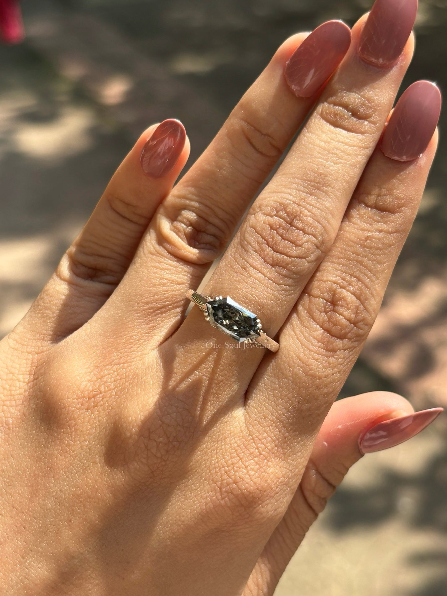 Grey Dutch Marquise Moissanite Engagement Ring, East to West Wedding Ring, Pave Bridge Ring