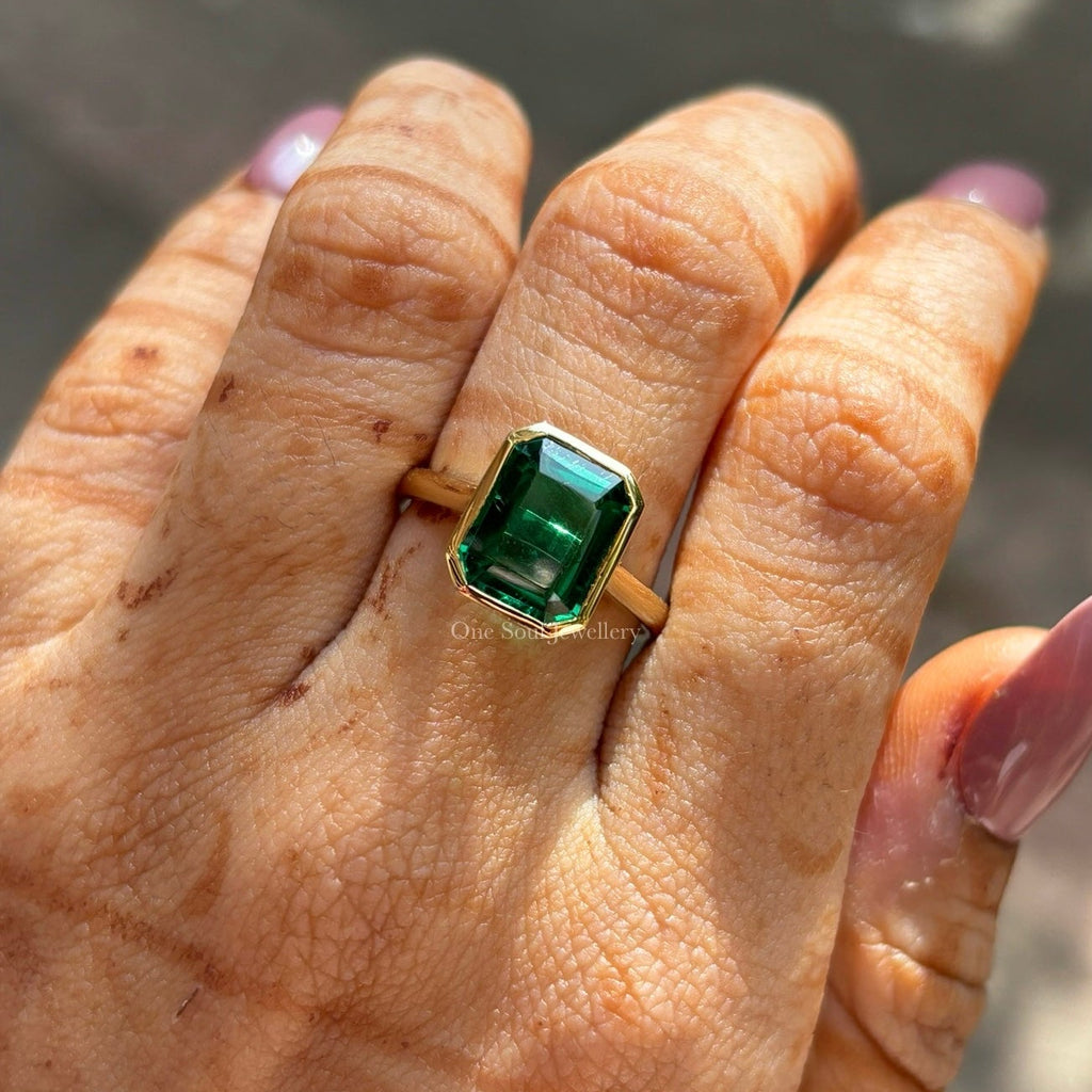 3.50 CT Emerald Cut Emerald Engagement Ring, May Birthstone Ring, Bezel Set Emerald Anniversary Ring For Women, Anniversary Gifts