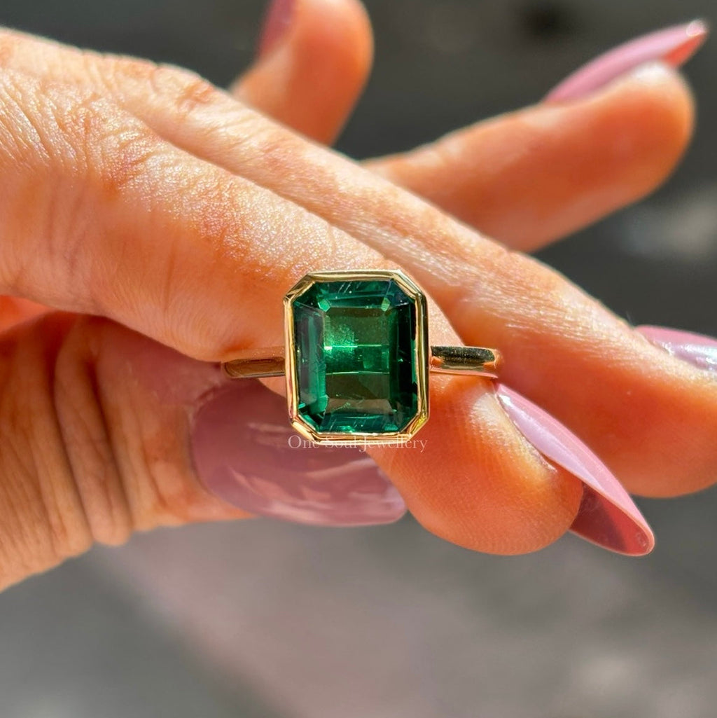 3.50 CT Emerald Cut Emerald Engagement Ring, May Birthstone Ring, Bezel Set Emerald Anniversary Ring For Women, Anniversary Gifts