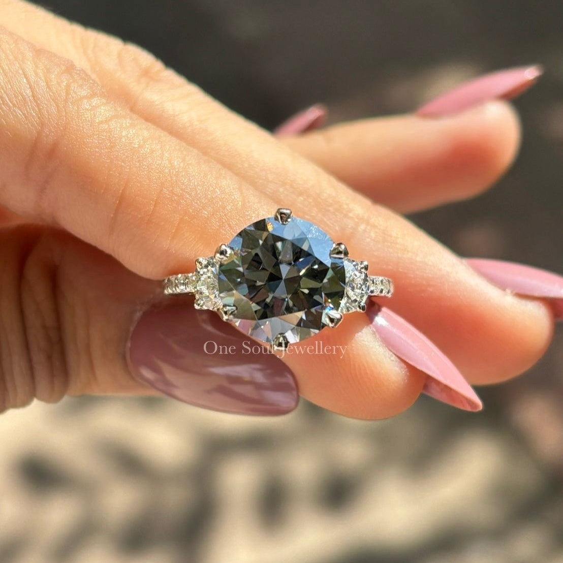 Grey Round Cut Moissanite Engagement Ring, Three Stone Wedding Ring, Side Stone Round Cut, Proposal Ring for Her, Celebrity Style Ring