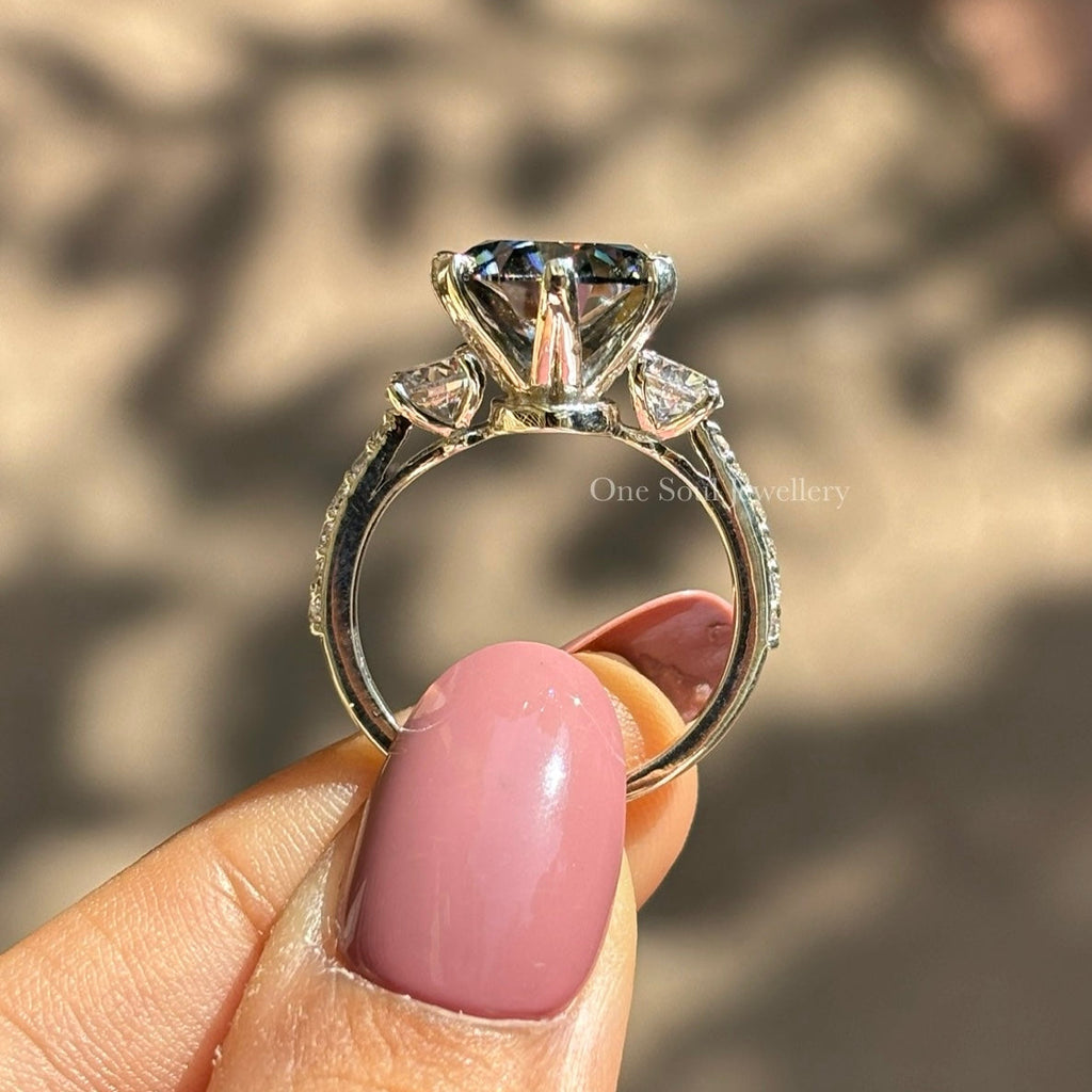 Grey Round Cut Moissanite Engagement Ring, Three Stone Wedding Ring, Side Stone Round Cut, Proposal Ring for Her, Celebrity Style Ring