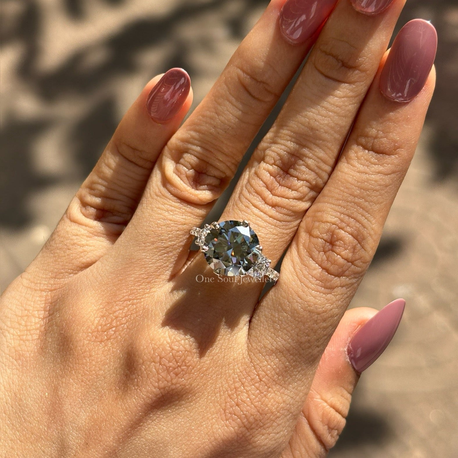 Grey Round Cut Moissanite Engagement Ring, Three Stone Wedding Ring, Side Stone Round Cut, Proposal Ring for Her, Celebrity Style Ring