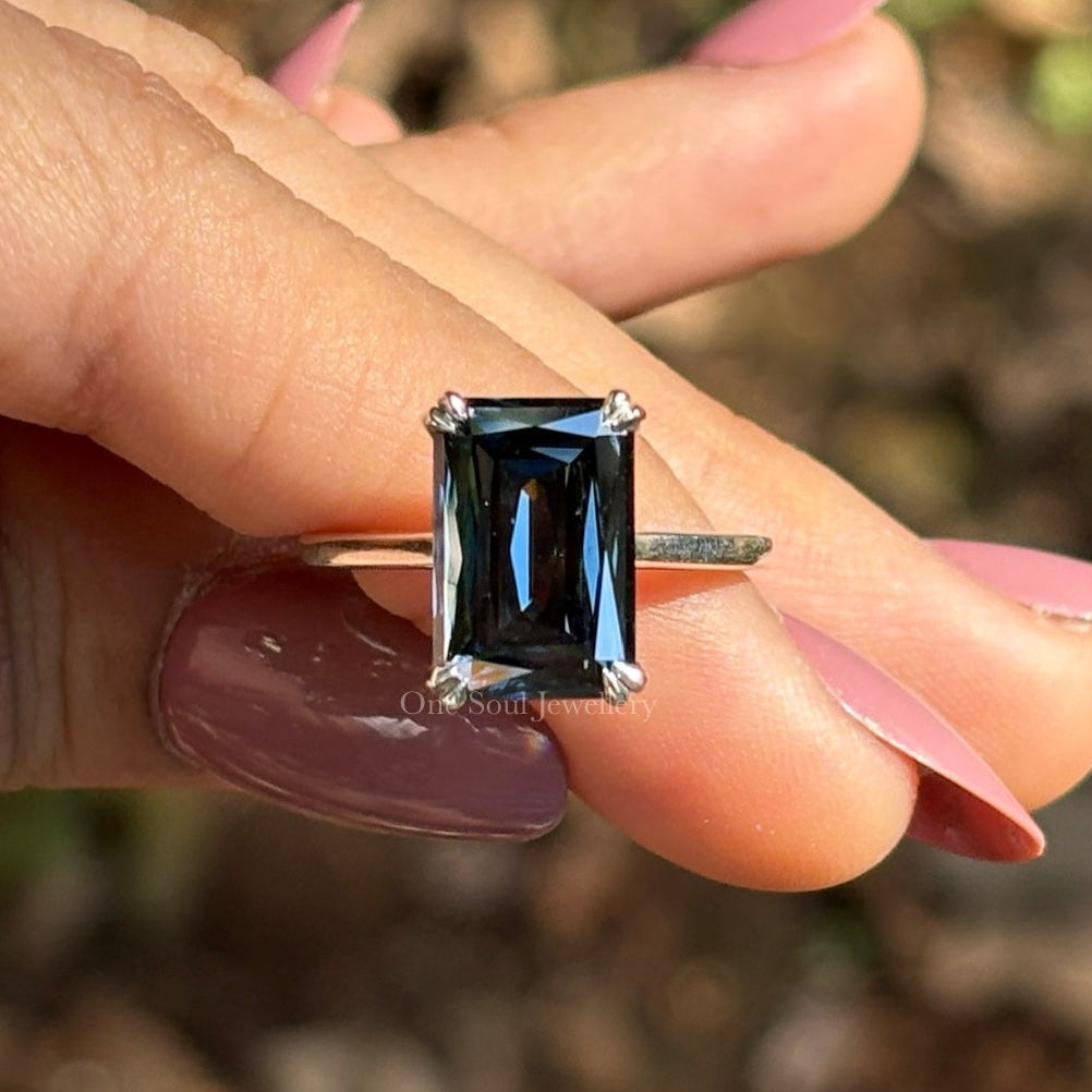 Dark Blue Criss Cut Moissanite Engagement Ring, Solitaire Wedding Ring with Cathedral Set, Double Claw Prong Setting, Proposal Ring