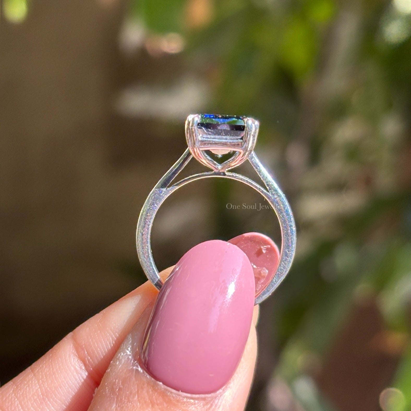Dark Blue Criss Cut Moissanite Engagement Ring, Solitaire Wedding Ring with Cathedral Set, Double Claw Prong Setting, Proposal Ring