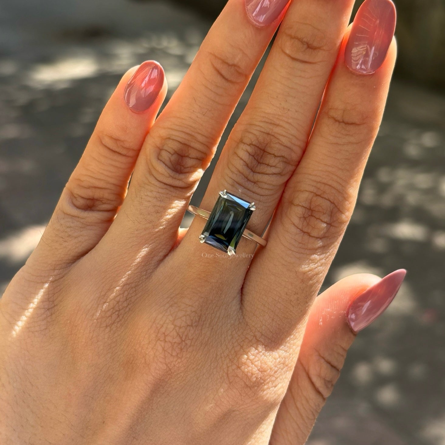 Dark Blue Criss Cut Moissanite Engagement Ring, Solitaire Wedding Ring with Cathedral Set, Double Claw Prong Setting, Proposal Ring