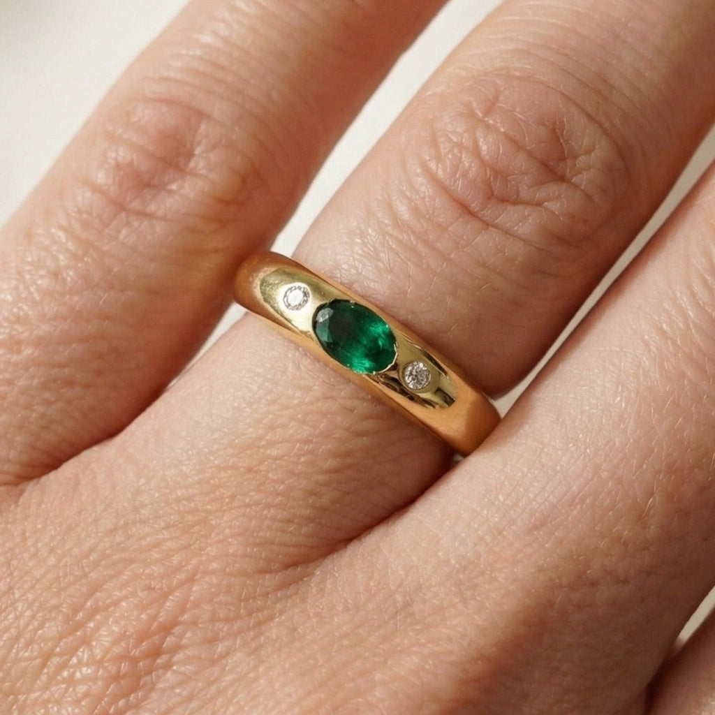 10K Yellow Gold Oval Lab Emerald Ring, Round Moissanite Accent Ring, Flush Set Dome Ring, Three Stone Wedding Ring, Cocktail Donut Ring