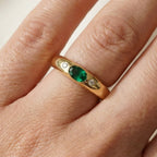10K Yellow Gold Oval Lab Emerald Ring, Round Moissanite Accent Ring, Flush Set Dome Ring, Three Stone Wedding Ring, Cocktail Donut Ring