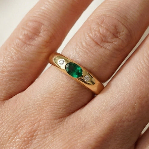 10K Yellow Gold Oval Lab Emerald Ring, Round Moissanite Accent Ring, Flush Set Dome Ring, Three Stone Wedding Ring, Cocktail Donut Ring