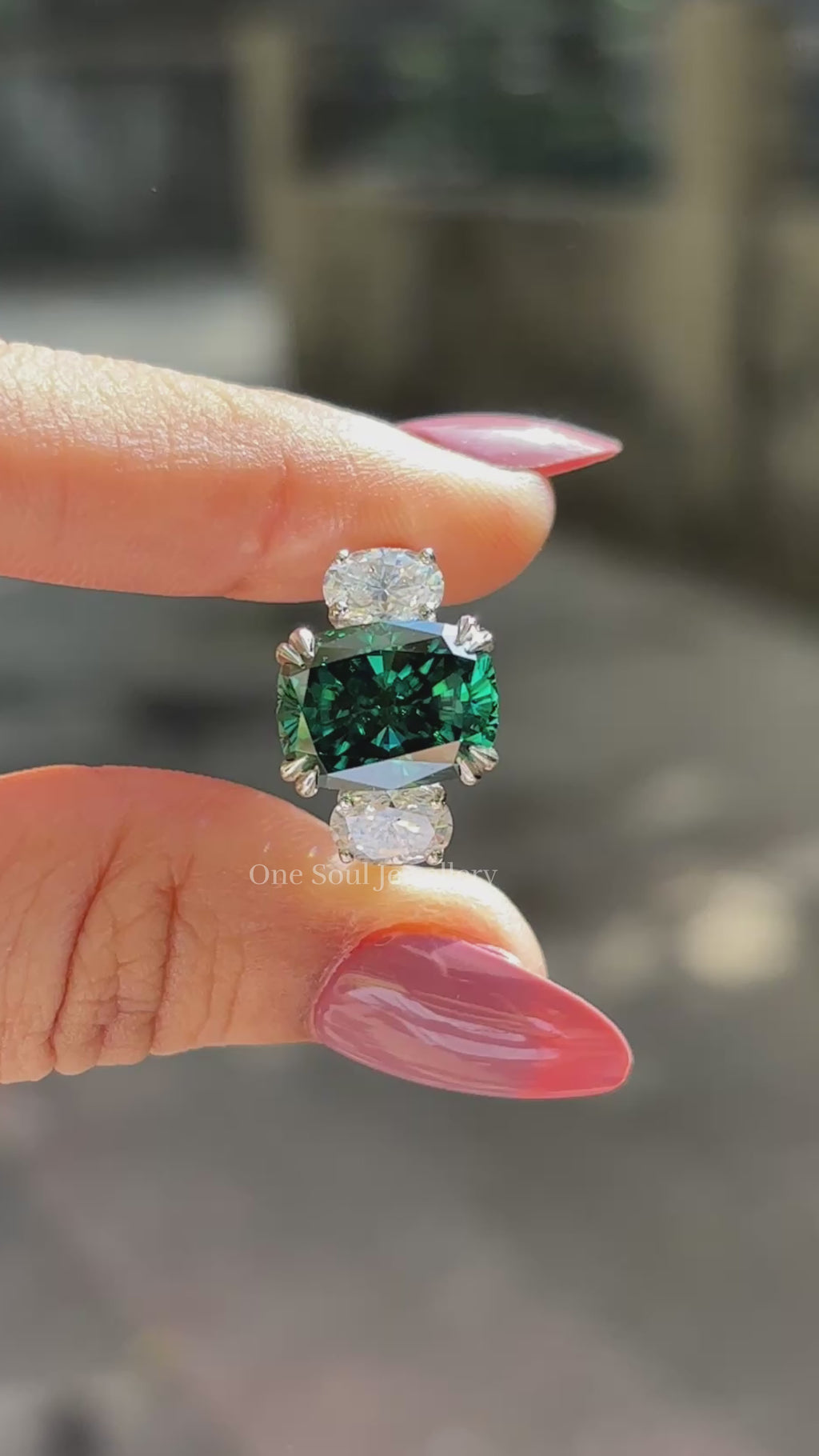 6.50 CT Cushion Cut Green Moissanite Engagement Ring, Three Stone Wedding Ring, Side Stone Oval Cut, Trilogy Bridal Ring