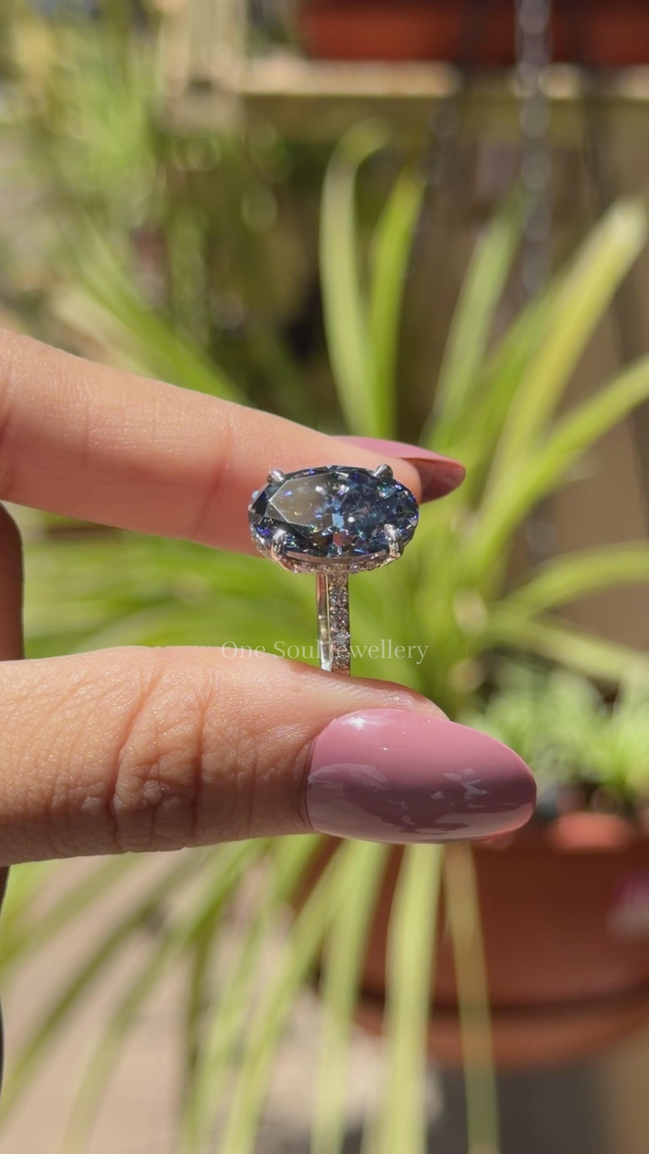 Oval Engagement Ring, Dark Grey Moissanite Diamond Wedding Ring, Hidden Halo Ring, Pave Set Solitaire Ring, Proposal Ring, Anniversary Gifts