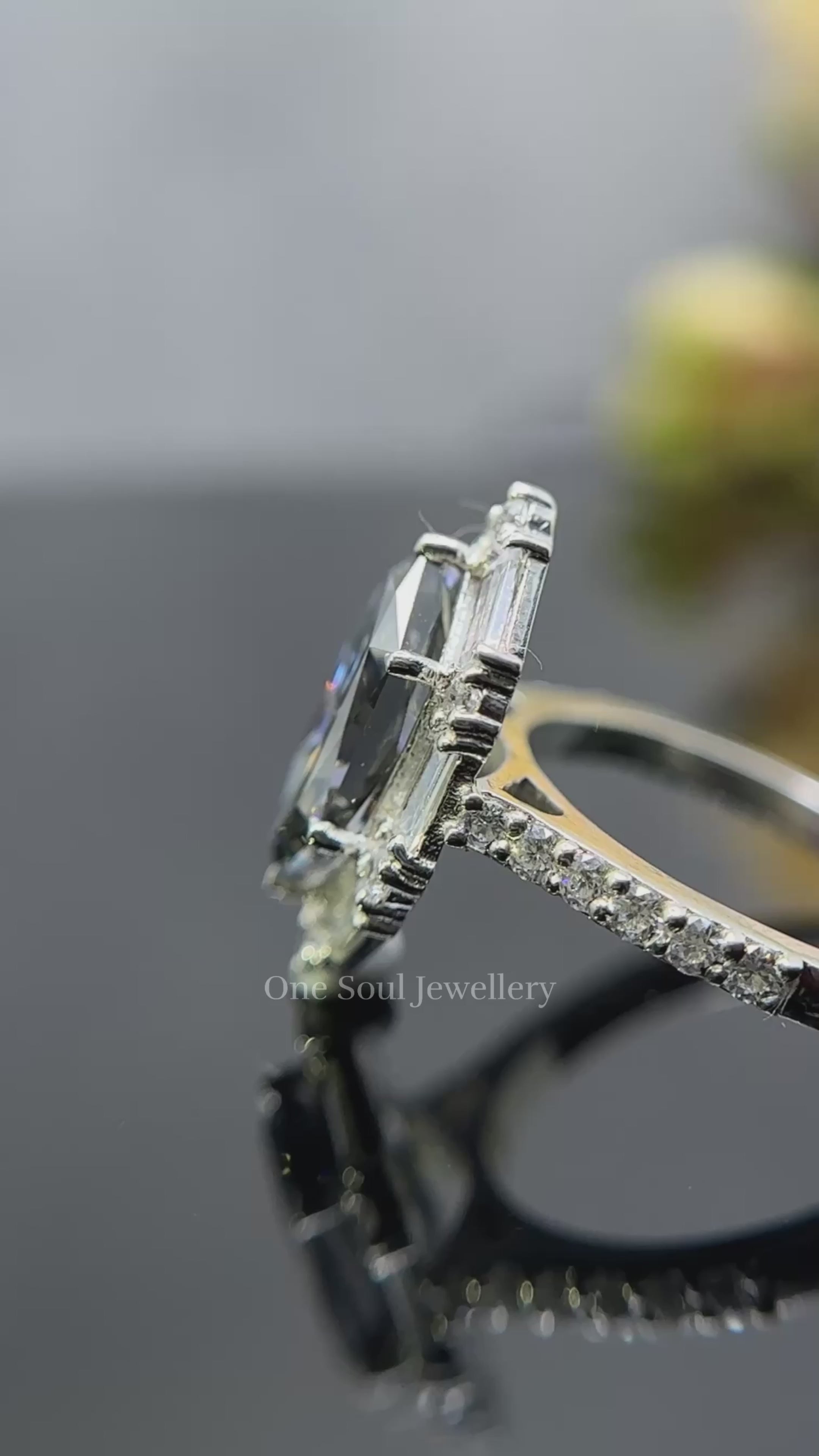 Dutch Marquise Dark Grey Moissanite Engagement Ring, Vintage Baguette & Round Halo Wedding Ring, Promise Ring for Women, Bridal Set Ring