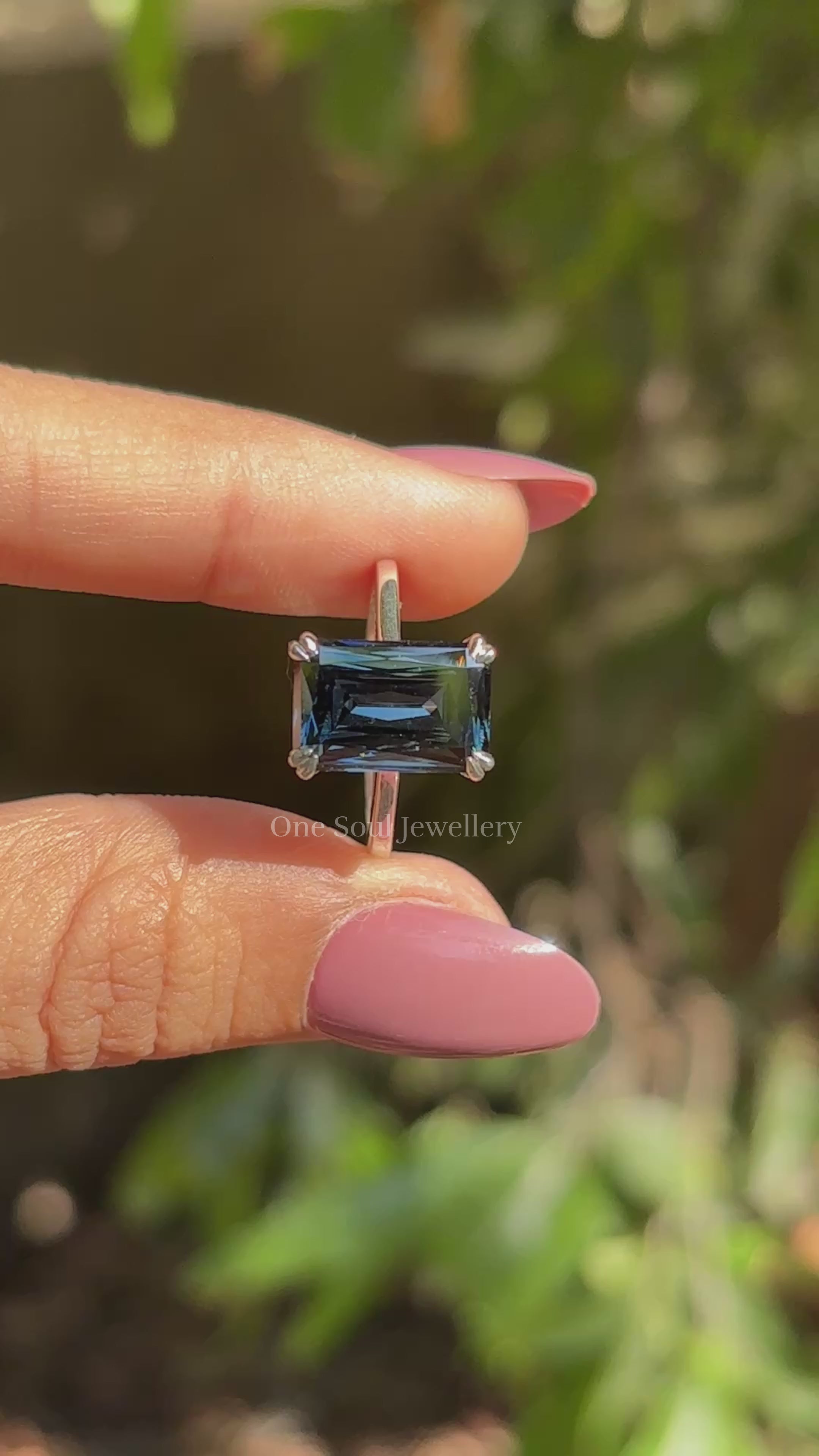 Dark Blue Criss Cut Moissanite Engagement Ring, Solitaire Wedding Ring with Cathedral Set, Proposal Ring