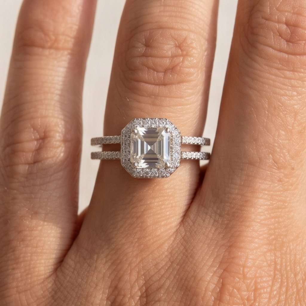 Asscher Cut Moissanite Engagement Ring, Halo Moissanite Wedding Ring, Double Shank Pave Set Ring, Double Prong, Solitaire White Gold Ring