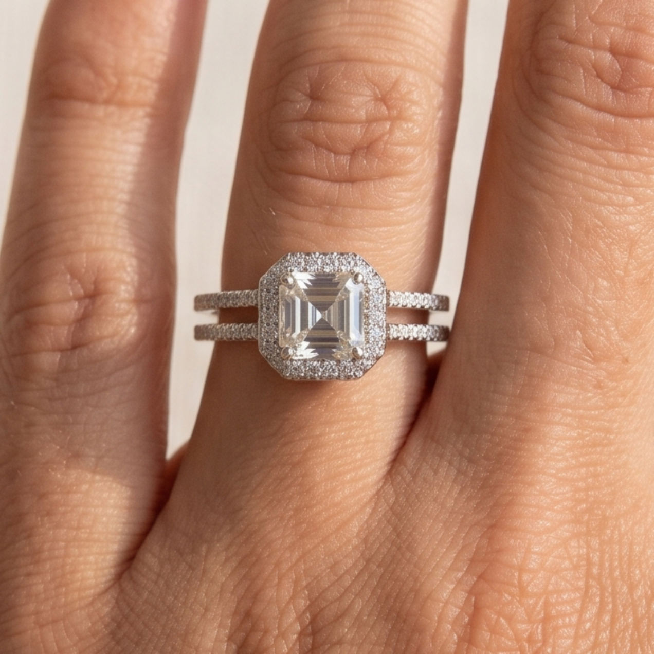 Asscher Cut Moissanite Engagement Ring, Halo Moissanite Wedding Ring, Double Shank Pave Set Ring, Double Prong, Solitaire White Gold Ring